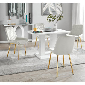 Furniturebox UK 4 Seater Dining Set - Imperia White High Gloss Dining Table and Chairs - 4 Cream Pesaro Gold Leg Chairs