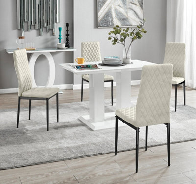 Furniturebox UK 4 Seater Dining Set - Imperia White High Gloss Dining Table and Chairs - 4 Cream Velvet Milan Black Leg Chairs