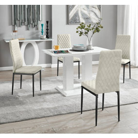 Furniturebox UK 4 Seater Dining Set - Imperia White High Gloss Dining Table and Chairs - 4 Cream Velvet Milan Black Leg Chairs