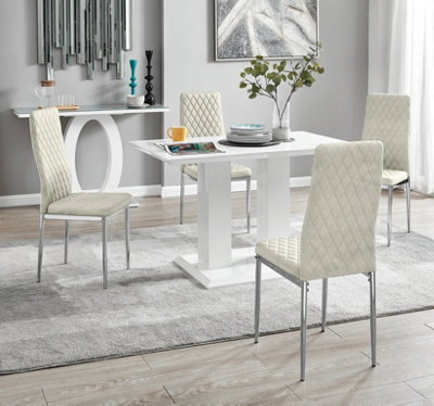 Furniturebox UK 4 Seater Dining Set - Imperia White High Gloss Dining Table and Chairs - 4 Cream Velvet Milan Chrome Leg Chairs