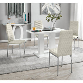 Furniturebox UK 4 Seater Dining Set - Imperia White High Gloss Dining Table and Chairs - 4 Cream Velvet Milan Chrome Leg Chairs