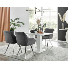 Furniturebox UK 4 Seater Dining Set - Imperia White High Gloss Dining Table and Chairs - 4 Dark Grey Falun Silver Leg Chairs