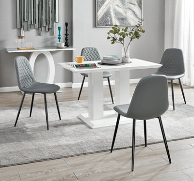 Furniturebox UK 4 Seater Dining Set - Imperia White High Gloss Dining Table and Chairs - 4 Elephant Grey Corona Black Leg Chairs