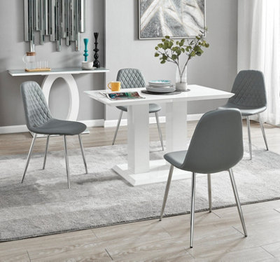 Furniturebox UK 4 Seater Dining Set - Imperia White High Gloss Dining Table and Chairs - 4 Elephant Grey Corona Silver Chairs