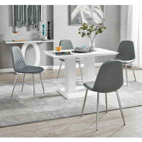 Furniturebox UK 4 Seater Dining Set - Imperia White High Gloss Dining Table and Chairs - 4 Elephant Grey Corona Silver Chairs