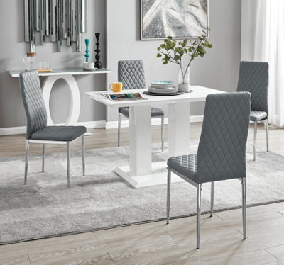 Furniturebox UK 4 Seater Dining Set - Imperia White High Gloss Dining Table and Chairs - 4 Elephant Grey Milan Chairs