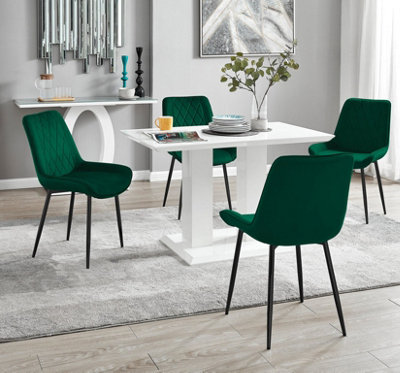 Furniturebox UK 4 Seater Dining Set - Imperia White High Gloss Dining Table and Chairs - 4 Green Pesaro Black Leg Chairs
