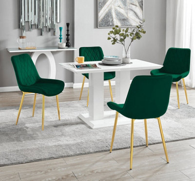 Furniturebox UK 4 Seater Dining Set - Imperia White High Gloss Dining Table and Chairs - 4 Green Pesaro Gold Leg Chairs