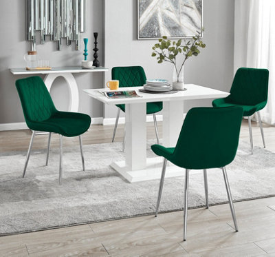 Furniturebox UK 4 Seater Dining Set - Imperia White High Gloss Dining Table and Chairs - 4 Green Pesaro Silver Leg Chairs