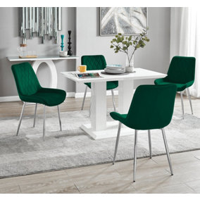 Furniturebox UK 4 Seater Dining Set - Imperia White High Gloss Dining Table and Chairs - 4 Green Pesaro Silver Leg Chairs