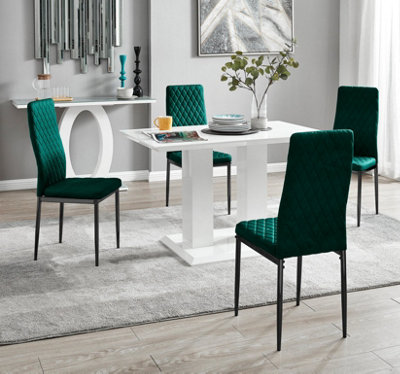Furniturebox UK 4 Seater Dining Set - Imperia White High Gloss Dining Table and Chairs - 4 Green Velvet Milan Black Leg Chairs