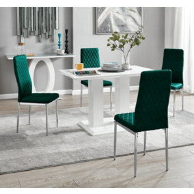 Furniturebox UK 4 Seater Dining Set - Imperia White High Gloss Dining Table and Chairs - 4 Green Velvet Milan Chrome Leg Chairs