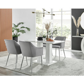 Furniturebox UK 4 Seater Dining Set - Imperia White High Gloss Dining Table and Chairs - 4 Grey Calla Silver Leg Chairs