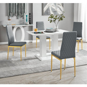 Furniturebox UK 4 Seater Dining Set - Imperia White High Gloss Dining Table and Chairs - 4 Grey Gold Leg Milan Chairs