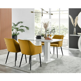 Furniturebox UK 4 Seater Dining Set - Imperia White High Gloss Dining Table and Chairs - 4 Mustard Calla Black Leg Chairs