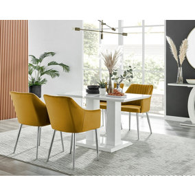 Furniturebox UK 4 Seater Dining Set - Imperia White High Gloss Dining Table and Chairs - 4 Mustard Calla Silver Leg Chairs