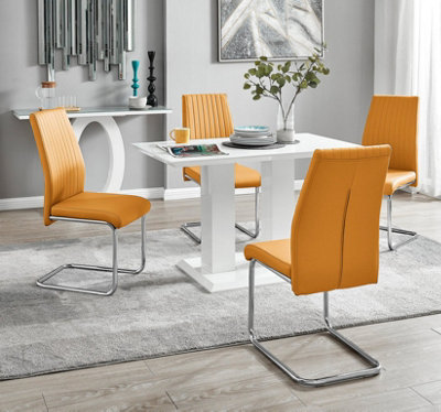 Furniturebox UK 4 Seater Dining Set - Imperia White High Gloss Dining Table and Chairs - 4 Mustard Lorenzo Chrome Dining Chairs