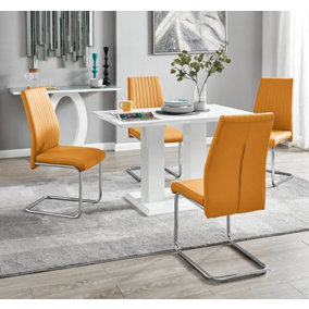 Furniturebox UK 4 Seater Dining Set - Imperia White High Gloss Dining Table and Chairs - 4 Mustard Lorenzo Chrome Dining Chairs