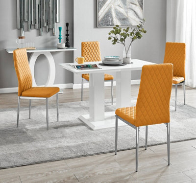 Furniturebox UK 4 Seater Dining Set - Imperia White High Gloss Dining Table and Chairs - 4 Mustard Milan Chairs