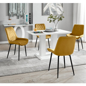 Furniturebox UK 4 Seater Dining Set - Imperia White High Gloss Dining Table and Chairs - 4 Mustard Pesaro Black Leg Chairs