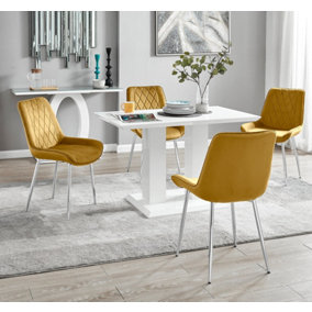 Furniturebox UK 4 Seater Dining Set - Imperia White High Gloss Dining Table and Chairs - 4 Mustard Pesaro Silver Leg Chairs