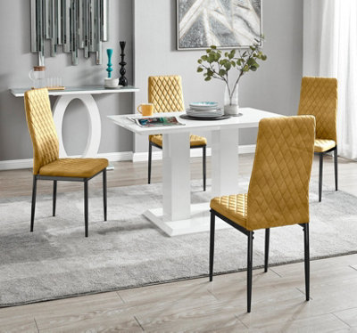 Furniturebox UK 4 Seater Dining Set - Imperia White High Gloss Dining Table and Chairs - 4 Mustard Velvet Milan Black Leg Chairs