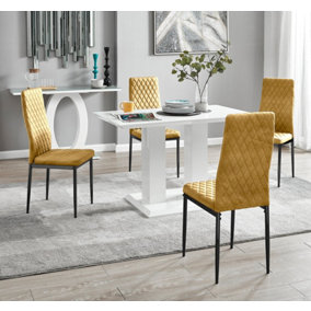 Furniturebox UK 4 Seater Dining Set - Imperia White High Gloss Dining Table and Chairs - 4 Mustard Velvet Milan Black Leg Chairs