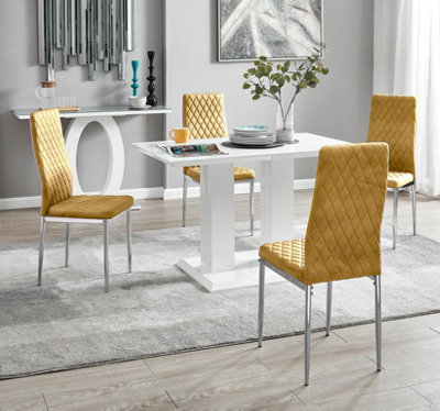 Furniturebox UK 4 Seater Dining Set - Imperia White High Gloss Dining Table and Chairs - 4 Mustard Velvet Milan Chrome Leg Chairs