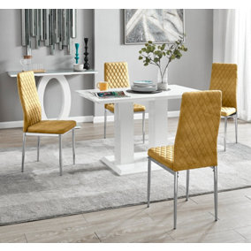Furniturebox UK 4 Seater Dining Set - Imperia White High Gloss Dining Table and Chairs - 4 Mustard Velvet Milan Chrome Leg Chairs