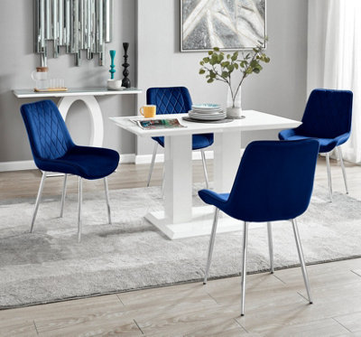 Furniturebox UK 4 Seater Dining Set - Imperia White High Gloss Dining Table and Chairs - 4 Navy Pesaro Silver Leg Chairs