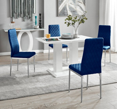 Furniturebox UK 4 Seater Dining Set - Imperia White High Gloss Dining Table and Chairs - 4 Navy Velvet Milan Chrome Leg Chairs