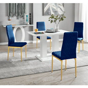 Furniturebox UK 4 Seater Dining Set - Imperia White High Gloss Dining Table and Chairs - 4 Navy Velvet Milan Gold Leg Chairs