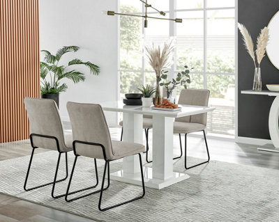 Furniturebox UK 4 Seater Dining Set - Imperia White High Gloss Dining Table and Chairs - 4 Taupe Halle Black Leg Chairs