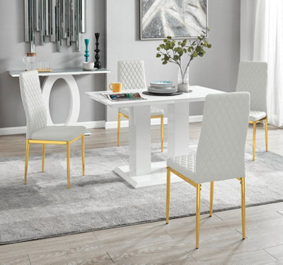 Furniturebox UK 4 Seater Dining Set - Imperia White High Gloss Dining Table and Chairs - 4 White Gold Leg Milan Chairs