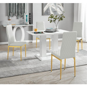 Furniturebox UK 4 Seater Dining Set - Imperia White High Gloss Dining Table and Chairs - 4 White Gold Leg Milan Chairs