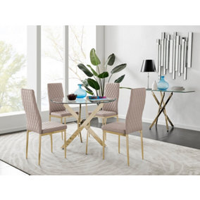 Furniturebox UK 4 Seater Dining Set - Novara 100cm Gold Round Glass Dining Table and Chairs - 4 Beige Faux Leather Milan Chairs