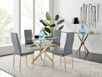 Furniturebox UK 4 Seater Dining Set - Novara 100cm Gold Round Glass Dining Table and Chairs - 4 Beige Faux Leather Milan Chairs