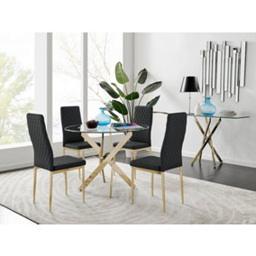 Furniturebox UK 4 Seater Dining Set - Novara 100cm Gold Round Glass Dining Table and Chairs - 4 Black Faux Leather Milan Chairs