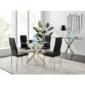 Furniturebox UK 4 Seater Dining Set - Novara 100cm Gold Round Glass Dining Table and Chairs - 4 Black Velvet Milan Gold Leg Chairs