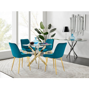 Furniturebox UK 4 Seater Dining Set - Novara 100cm Gold Round Glass Dining Table and Chairs - 4 Blue Velvet Pesaro Gold Chairs
