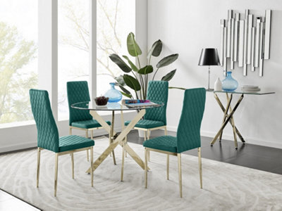 Furniturebox UK 4 Seater Dining Set - Novara 100cm Gold Round Glass Dining Table and Chairs - 4 Green Velvet Milan Gold Leg Chairs