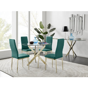Furniturebox UK 4 Seater Dining Set - Novara 100cm Gold Round Glass Dining Table and Chairs - 4 Green Velvet Milan Gold Leg Chairs