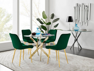 Furniturebox UK 4 Seater Dining Set - Novara 100cm Gold Round Glass Dining Table and Chairs - 4 Green Velvet Pesaro Gold Chairs