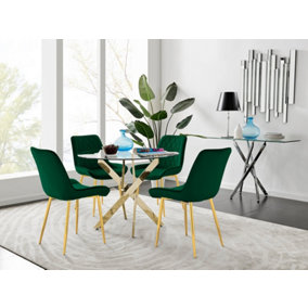 Furniturebox UK 4 Seater Dining Set - Novara 100cm Gold Round Glass Dining Table and Chairs - 4 Green Velvet Pesaro Gold Chairs