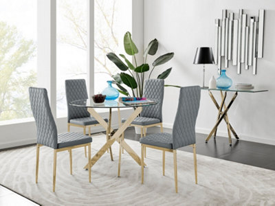 Furniturebox UK 4 Seater Dining Set - Novara 100cm Gold Round Glass Dining Table and Chairs - 4 Green Velvet Pesaro Gold Chairs