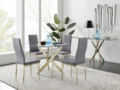 Furniturebox UK 4 Seater Dining Set - Novara 100cm Gold Round Glass Dining Table and Chairs - 4 Grey Velvet Milan Gold Leg Chairs