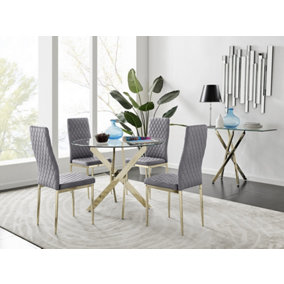 Furniturebox UK 4 Seater Dining Set - Novara 100cm Gold Round Glass Dining Table and Chairs - 4 Grey Velvet Milan Gold Leg Chairs