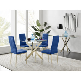 Furniturebox UK 4 Seater Dining Set - Novara 100cm Gold Round Glass Dining Table and Chairs - 4 Navy Velvet Milan Gold Leg Chairs