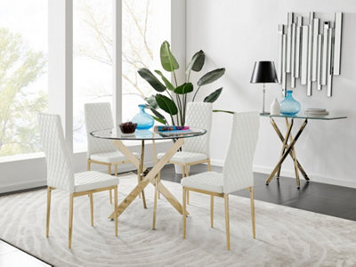 Furniturebox UK 4 Seater Dining Set - Novara 100cm Gold Round Glass Dining Table and Chairs - 4 White Faux Leather Milan Chairs