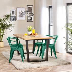 Furniturebox UK 4 Seater Wood Dining Table - Cotswold 'Oak' Herringbone Dining Table & 4 Green Colton Retro Metal Arm Chairs